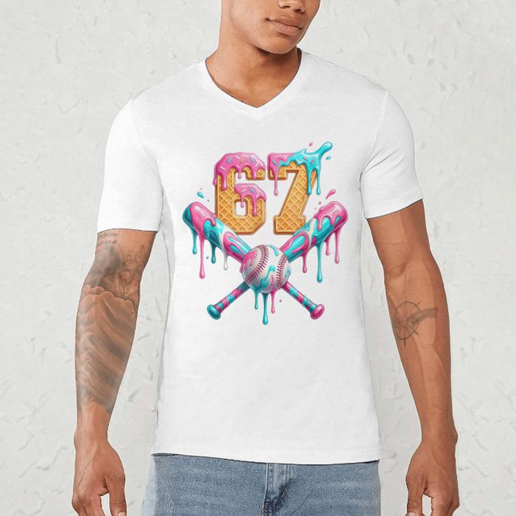 Baseball Drip 67 Six Seven Number 67 Player 67th Birthday Men's V-Neck T-Shirt