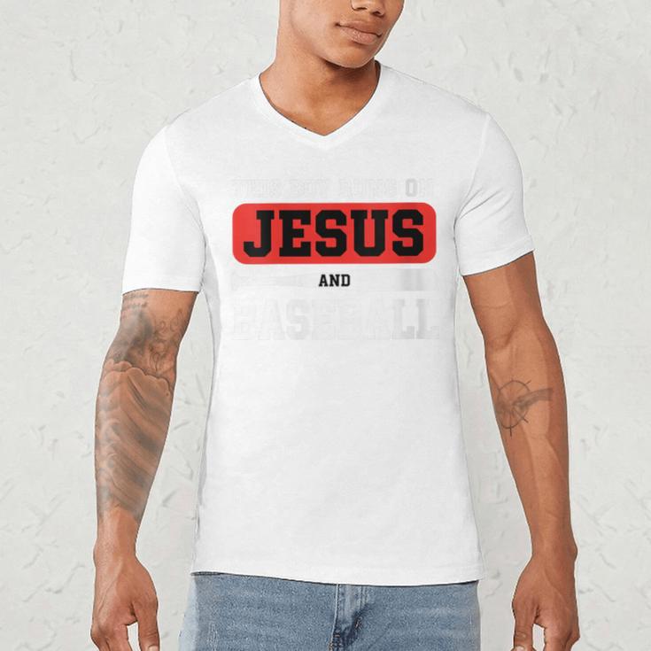 This Boy Runs On Jesus And Baseball Christian Baseball Men's V-Neck T-Shirt