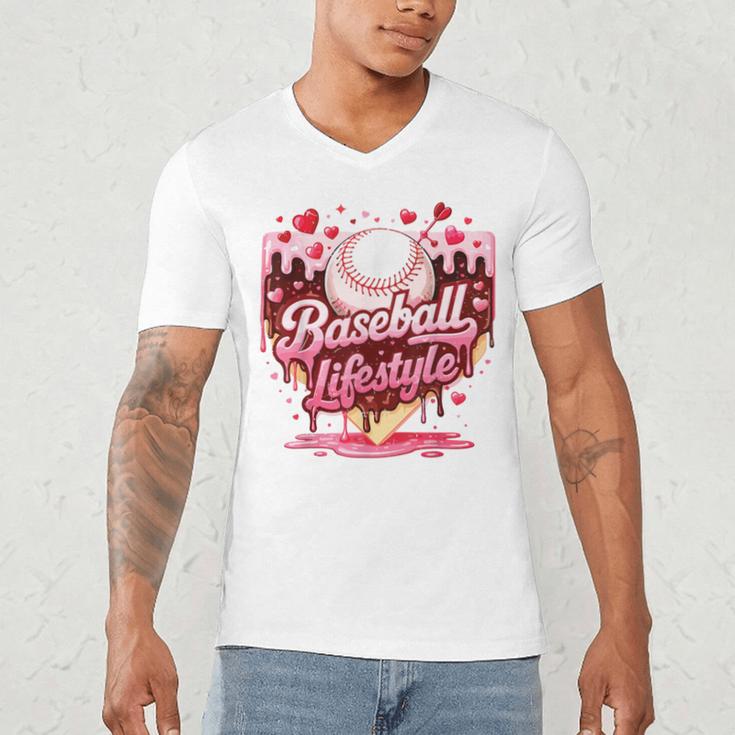 Boys Valentine Baseball Lifestyle Home Plate Ice-Cream Drip Men's V-Neck T-Shirt Boys Valentine Baseball Lifestyle Home Plate Ice-Cream Drip Men's V-Neck T-Shirt