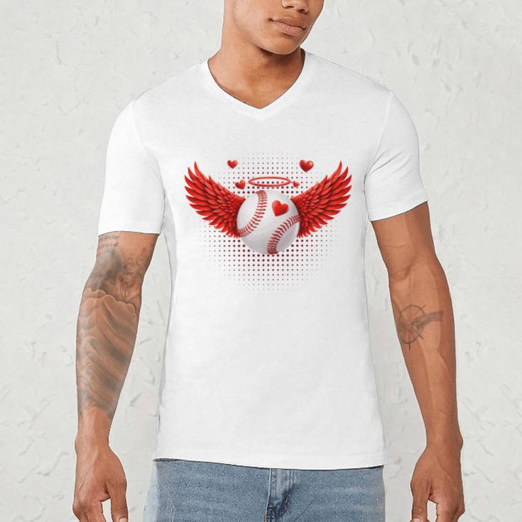 Cute Baseball &Cupid Wings Happy Valentines Boys Men Men's V-Neck T-Shirt