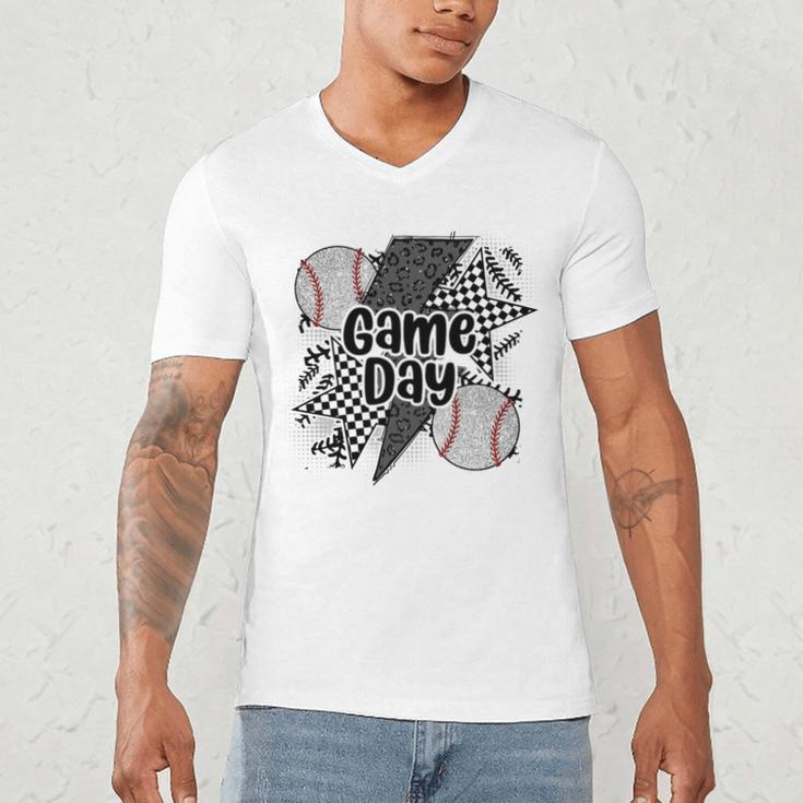 Game Day Baseball Retro Checkered Baseball Men's V-Neck T-Shirt Game Day Baseball Retro Checkered Baseball Men's V-Neck T-Shirt
