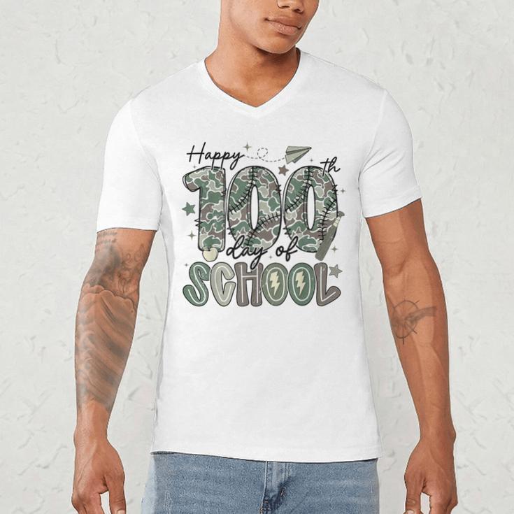 Happy 100th Day Of School Baseball Camo Boys Kids Toddler Men's V-Neck T-Shirt