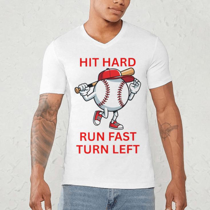 Hit Hard Run Fast Turn Left Baseball Player Premium Tri-Blend Men's V-Neck T-Shirt Hit Hard Run Fast Turn Left Baseball Player Premium Tri-Blend Men's V-Neck T-Shirt