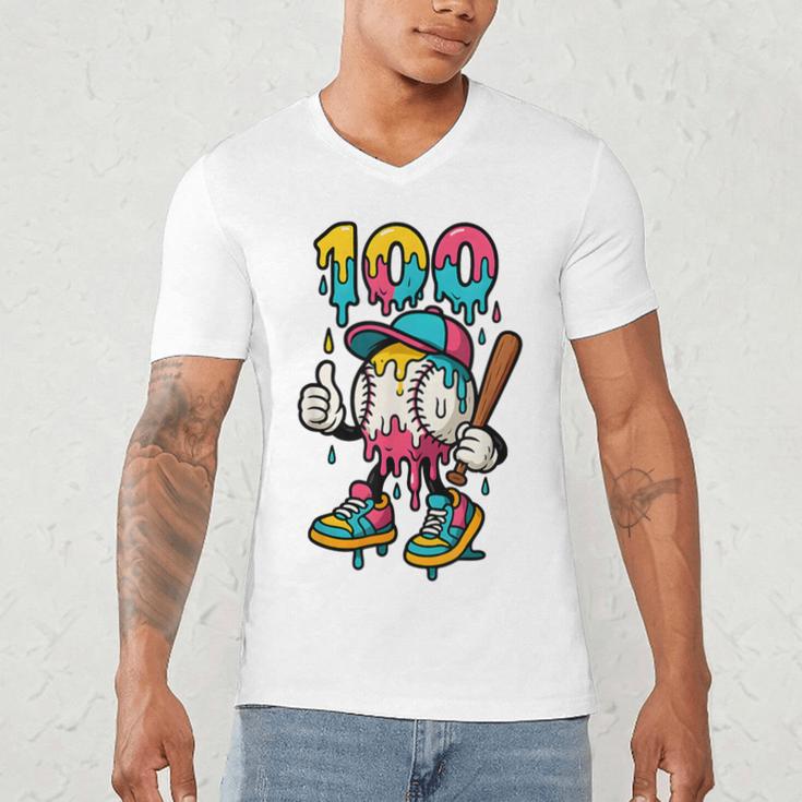 Ice Cream Drip Baseball Party 100 Days Of School Teacher Men's V-Neck T-Shirt Ice Cream Drip Baseball Party 100 Days Of School Teacher Men's V-Neck T-Shirt