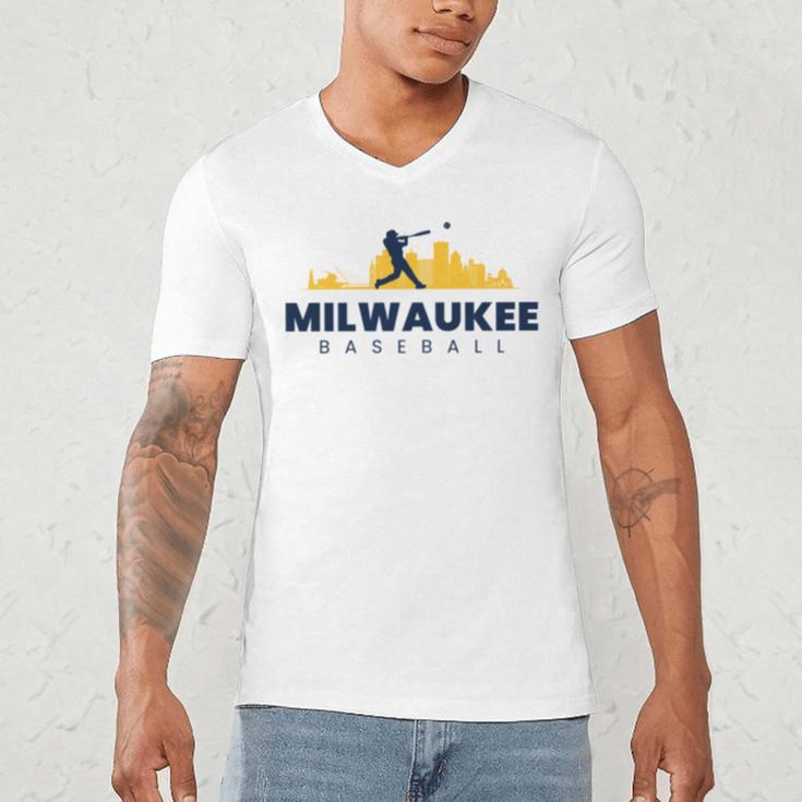 Milwaukee Baseball Minimalist City Skyline Baseball Lover Men's V-Neck T-Shirt Milwaukee Baseball Minimalist City Skyline Baseball Lover Men's V-Neck T-Shirt
