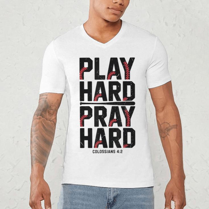 Play Hard Pray Hard Youth Boy Christian Baseball Jesus Men's V-Neck T-Shirt