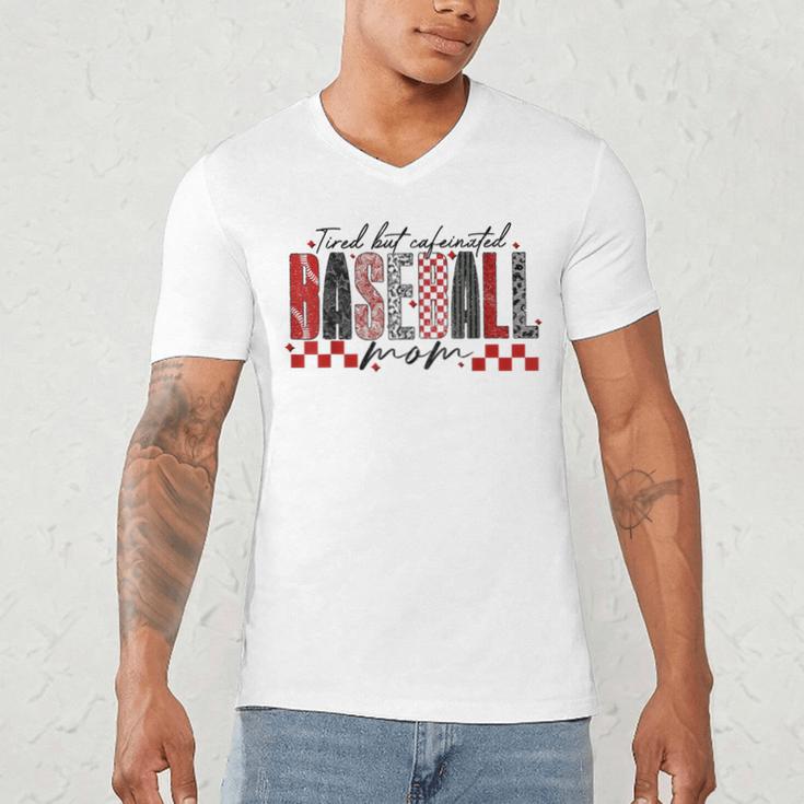 Retro Checkered Tired But Caffeinated Baseball Mom Leopard Men's V-Neck T-Shirt Retro Checkered Tired But Caffeinated Baseball Mom Leopard Men's V-Neck T-Shirt