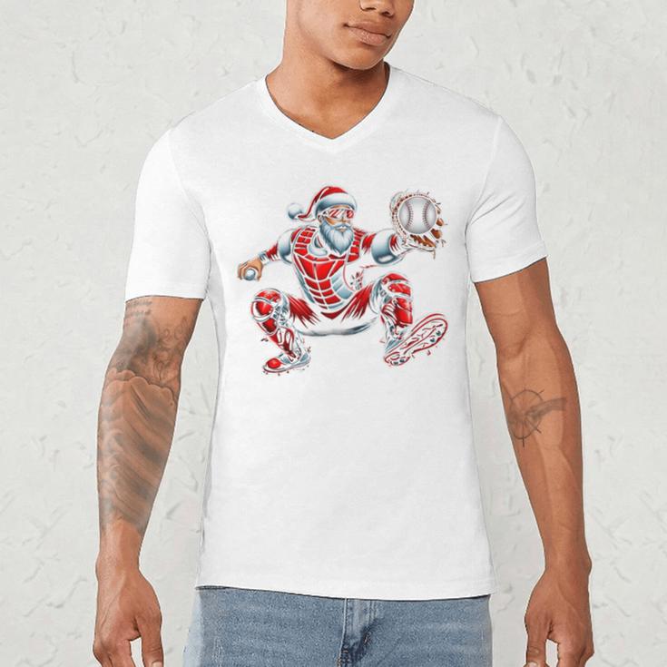 Santa Playing Baseball Catcher Merry Christmas Sport Player Men's V-Neck T-Shirt Santa Playing Baseball Catcher Merry Christmas Sport Player Men's V-Neck T-Shirt