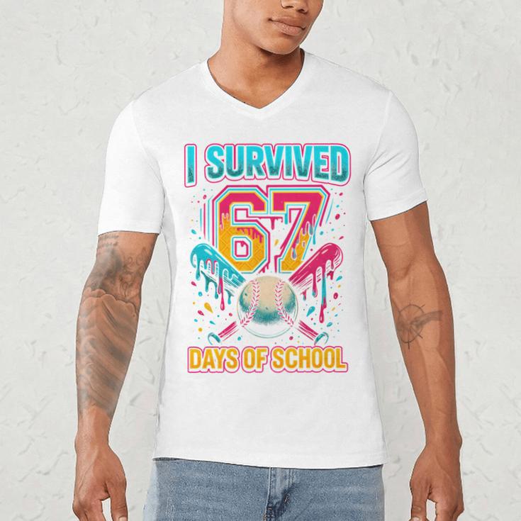 I Survived 67 Days Of School Baseball Drip Six Seven Meme Men's V-Neck T-Shirt