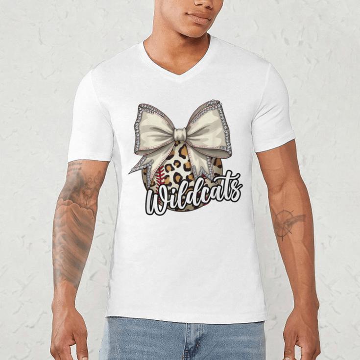 Wildcats Baseball Leopard Print Coquette Bow Mascot Game Day Men's V-Neck T-Shirt Wildcats Baseball Leopard Print Coquette Bow Mascot Game Day Men's V-Neck T-Shirt