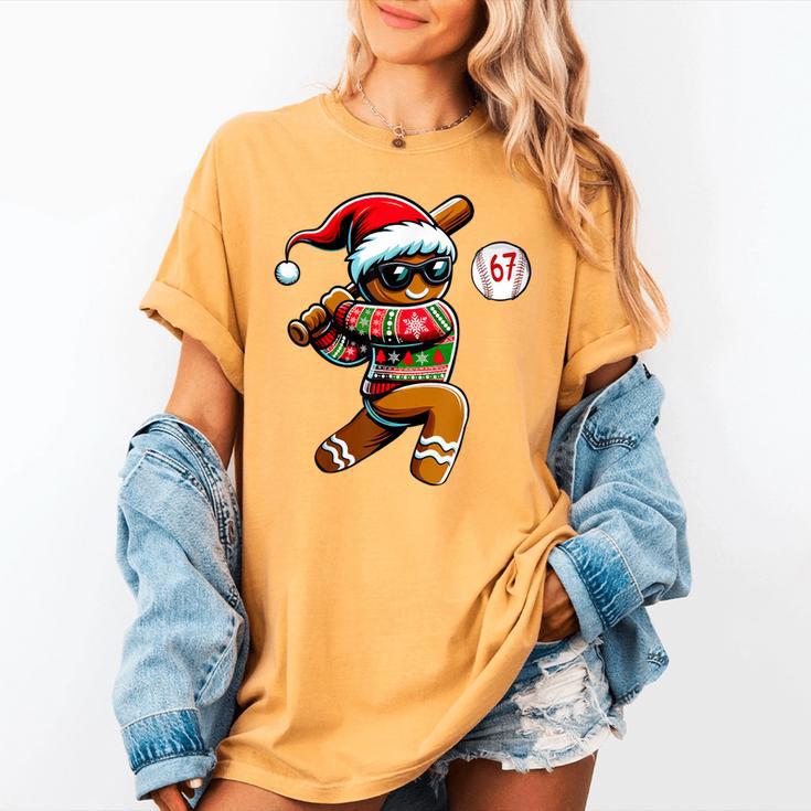 67 Gingerbread Man Playing Baseball Christmas 6 7 Meme Women's Comfort Colors T-Shirt
