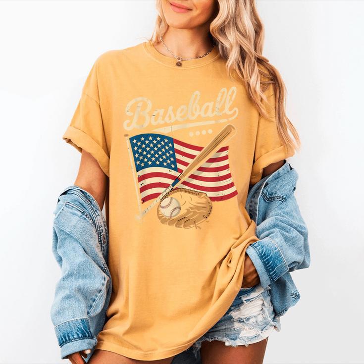 American Flag Baseball Player Bat Fan Catcher Pitcher USA Women's Comfort Colors T-Shirt American Flag Baseball Player Bat Fan Catcher Pitcher USA Women's Comfort Colors T-Shirt