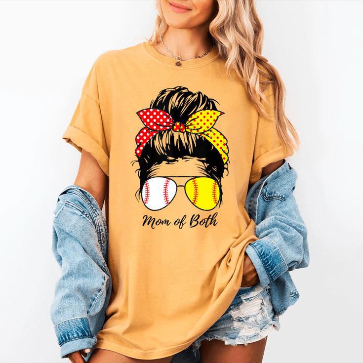 Baseball Mom Softball Mom Of Both Messy Bun Mother's Day Women's Comfort Colors T-Shirt Baseball Mom Softball Mom Of Both Messy Bun Mother's Day Women's Comfort Colors T-Shirt