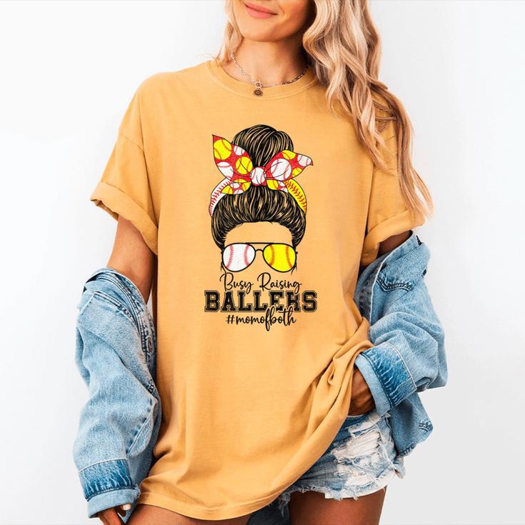 Busy Raising Ballers Softball Messy Bun Baseball Mom Women's Comfort Colors T-Shirt
