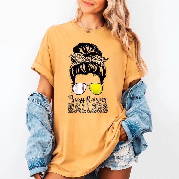 Busy Raising Ballers Tennis Baseball Mom Messy Bun Leopard Women's Comfort Colors T-Shirt Busy Raising Ballers Tennis Baseball Mom Messy Bun Leopard Women's Comfort Colors T-Shirt