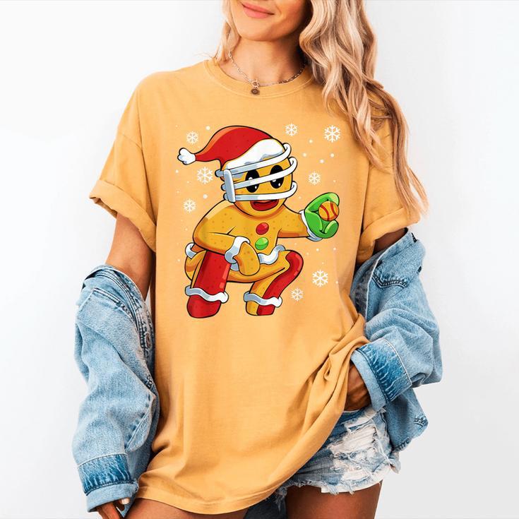 Christmas Gingerbread Man Baseball Player Catcher Women's Comfort Colors T-Shirt
