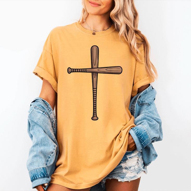 Cross Baseball Bats Christian Faith Sports Coach Pitcher Women's Comfort Colors T-Shirt Cross Baseball Bats Christian Faith Sports Coach Pitcher Women's Comfort Colors T-Shirt