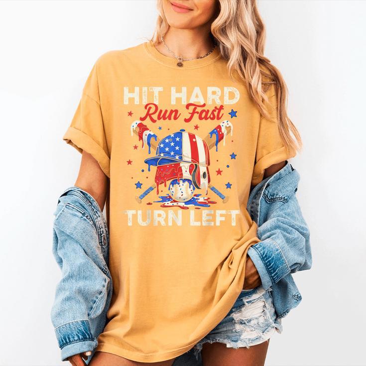 Hit Hard Run Fast Turn Left Baseball Cream Drip Crossed Bats Women's Comfort Colors T-Shirt