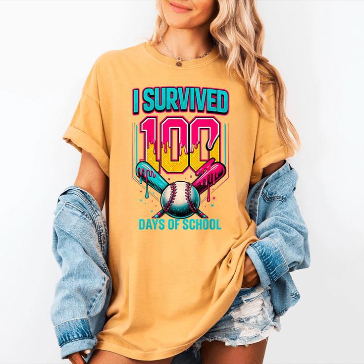 HUGvyn I Survived 100 Days Baseball Teacher Ice Cream Drip Women's Comfort Colors T-Shirt