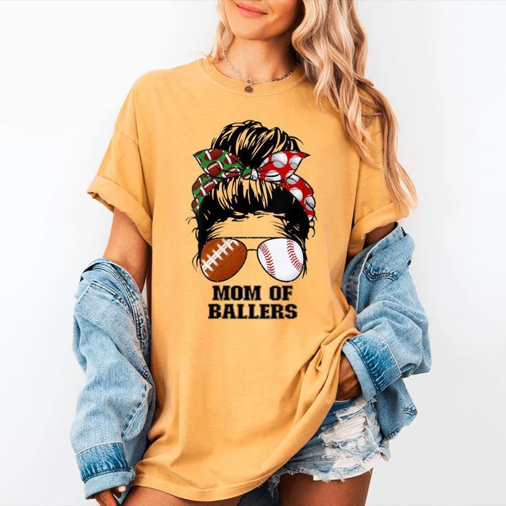 Mom Of Ballers Messy Bun Football Mom Baseball Mom Of Both Women's Comfort Colors T-Shirt