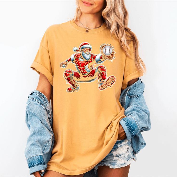 Santa Playing Baseball Catcher Merry Christmas Sport Player Women's Comfort Colors T-Shirt