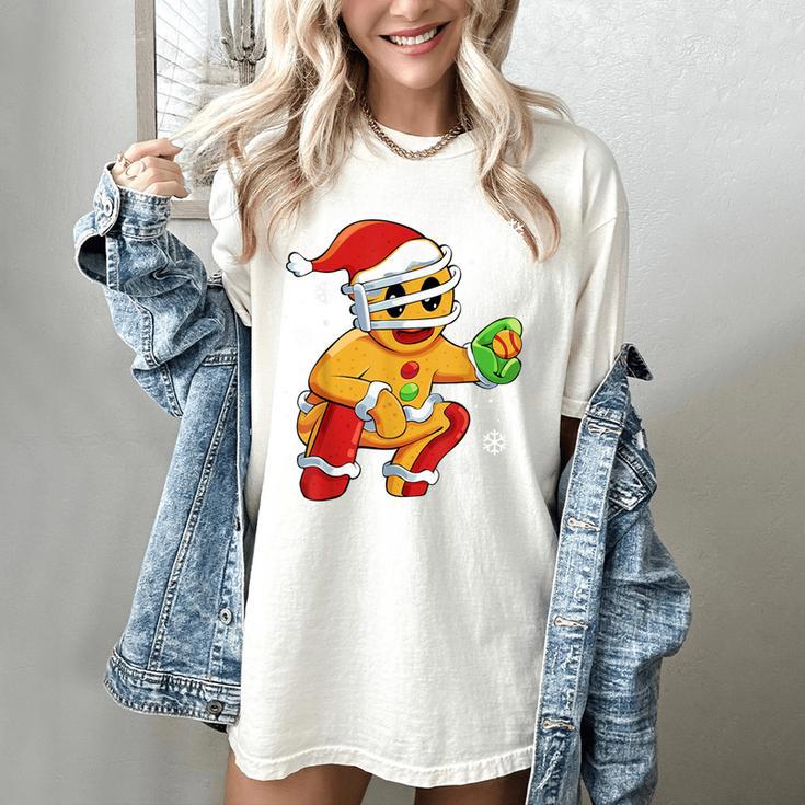 Christmas Gingerbread Man Baseball Player Catcher Women's Comfort Colors T-Shirt