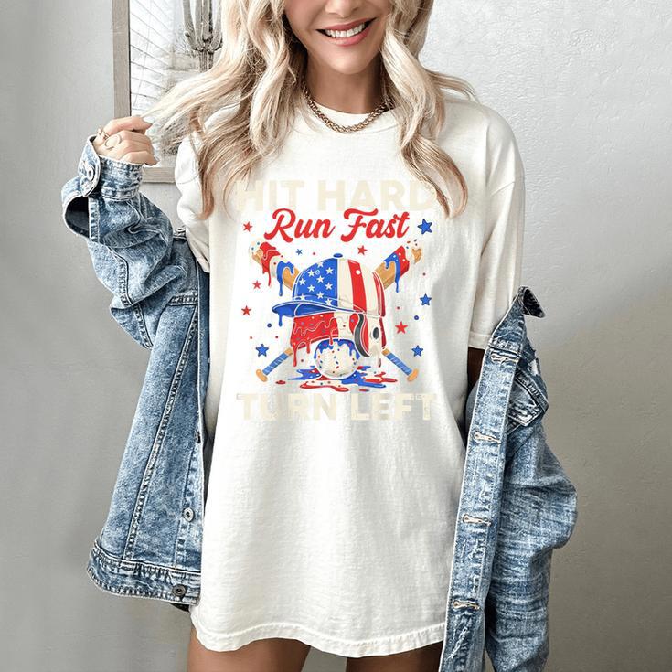Hit Hard Run Fast Turn Left Baseball Cream Drip Crossed Bats Women's Comfort Colors T-Shirt