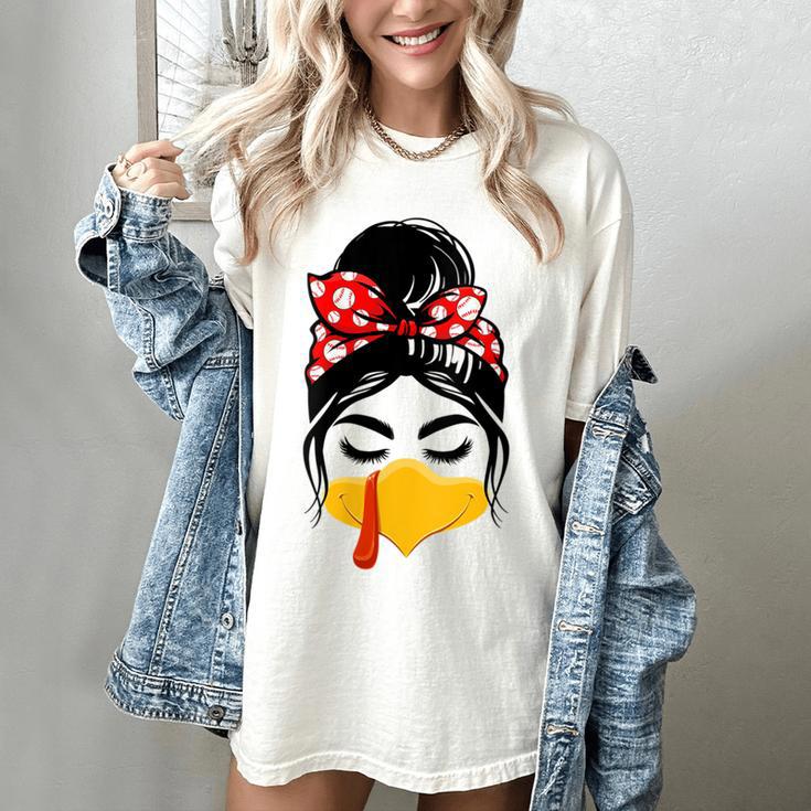 Messy Bun Baseball Mom Turkey Face Matching Thanksgiving Women's Comfort Colors T-Shirt