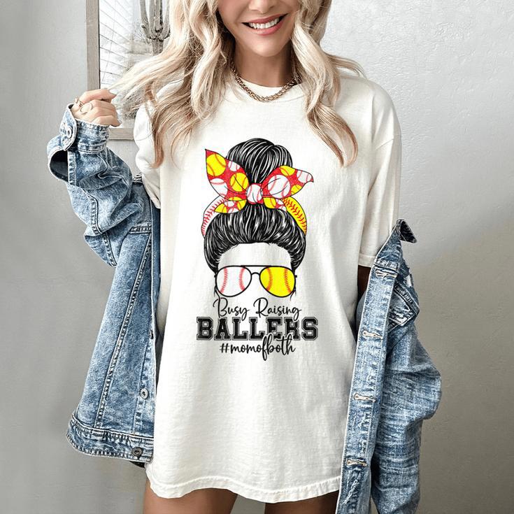 Busy Raising Ballers Softball Messy Bun Baseball Mom Women's Comfort Colors T-Shirt