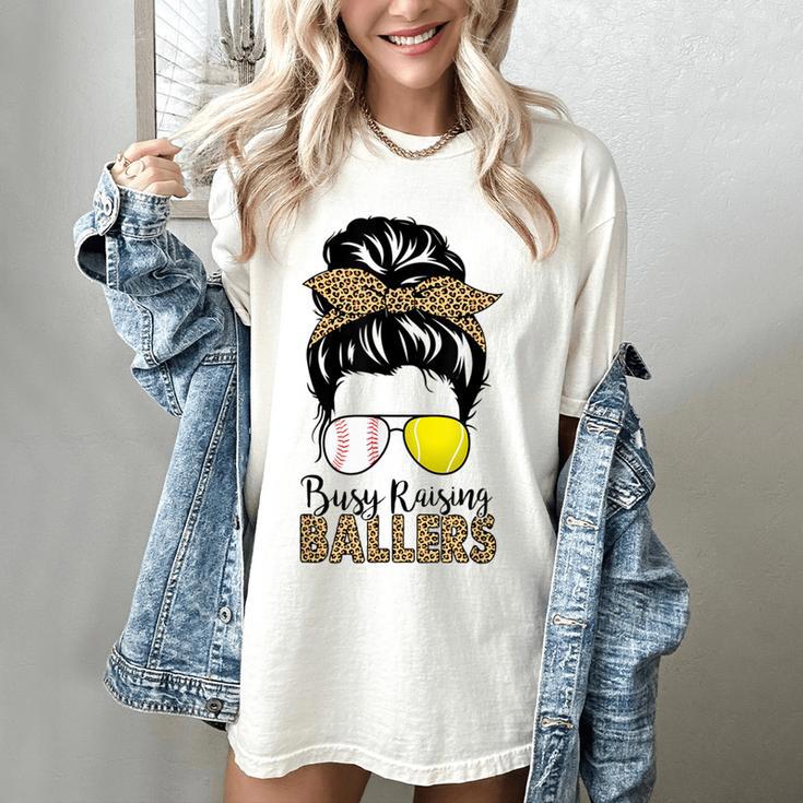 Busy Raising Ballers Tennis Baseball Mom Messy Bun Leopard Women's Comfort Colors T-Shirt