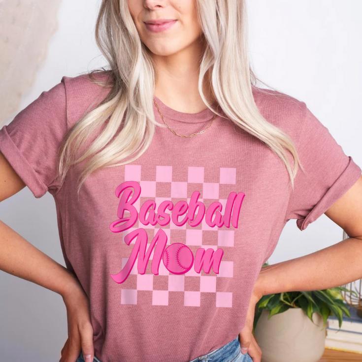 Baseball Mom And Pink Grid Sports Mother Mama Player Women's Heather T-Shirt