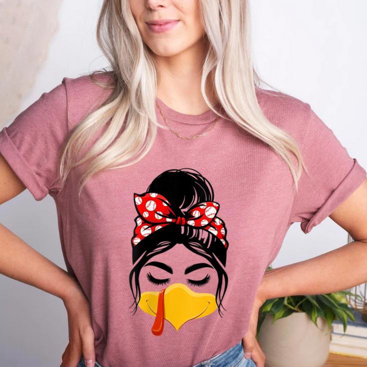 Messy Bun Baseball Mom Turkey Face Matching Thanksgiving Women's Heather T-Shirt