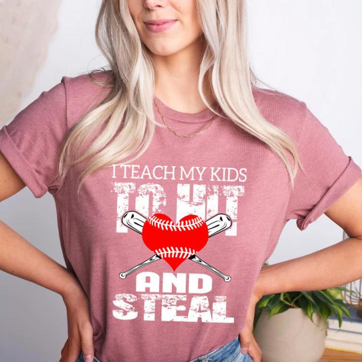 Baseball Mom Humor I Teach My Kids To Hit And Steal Women's Heather T-Shirt Baseball Mom Humor I Teach My Kids To Hit And Steal Women's Heather T-Shirt