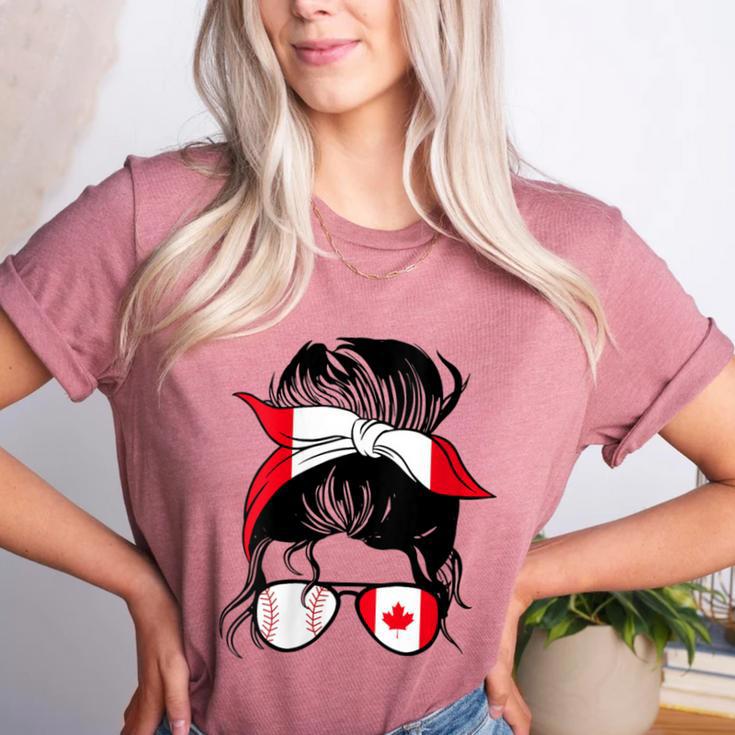 Canadian Baseball Mom Canada Flag Baseball Girl Women's Heather T-Shirt Canadian Baseball Mom Canada Flag Baseball Girl Women's Heather T-Shirt