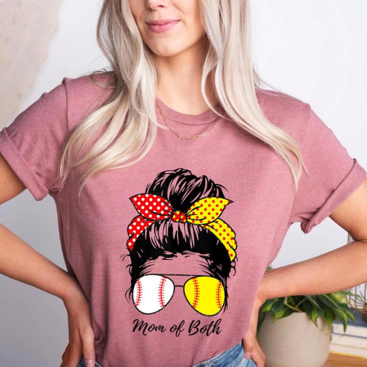 Baseball Mom Softball Mom Of Both Messy Bun Mother's Day Women's Heather T-Shirt