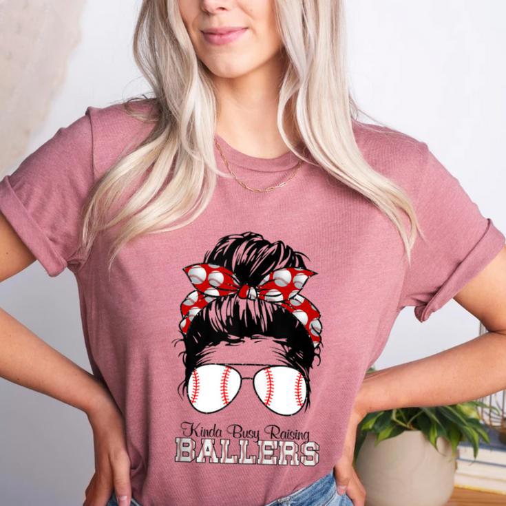 Kinda Busy Raising Ballers Messy Bun Funny Baseball Mom Women's Heather T-Shirt