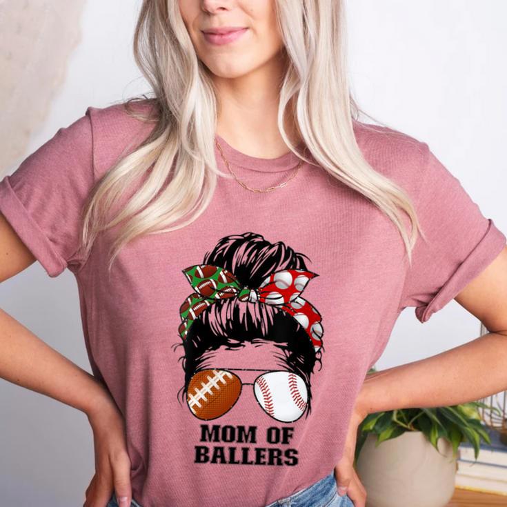 Mom Of Ballers Messy Bun Football Mom Baseball Mom Of Both Women's Heather T-Shirt