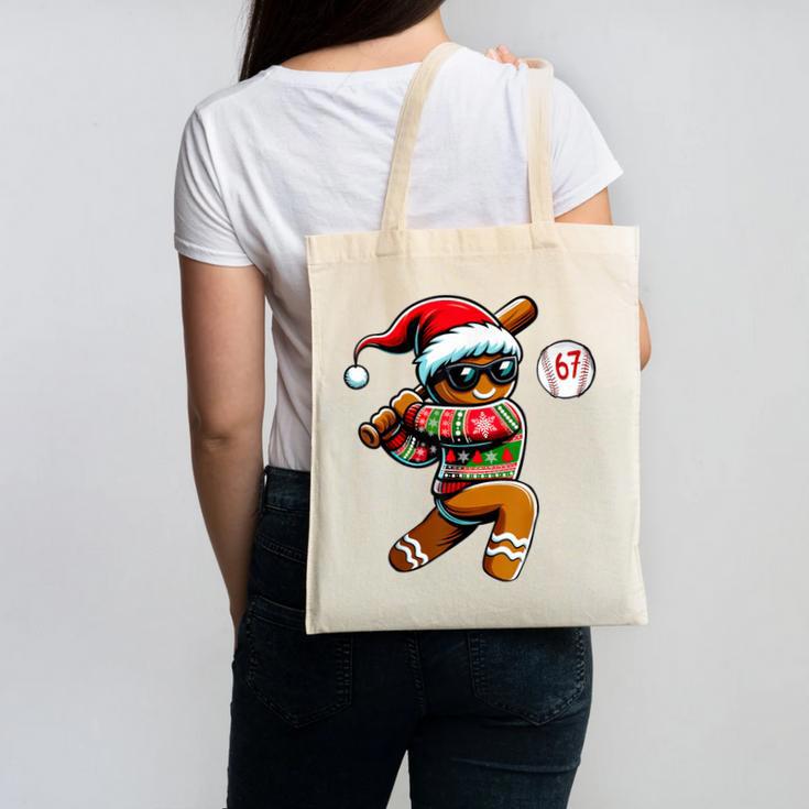 67 Gingerbread Man Playing Baseball Christmas 6 7 Meme Canvas Tote Bag