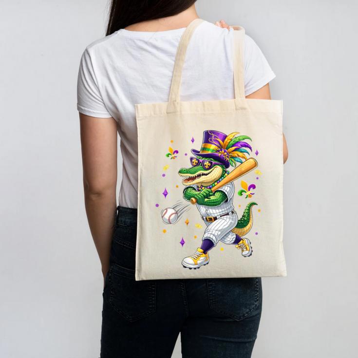 Baseball Player Mardi Gras Alligator Carnival Costume Beads Canvas Tote Bag
