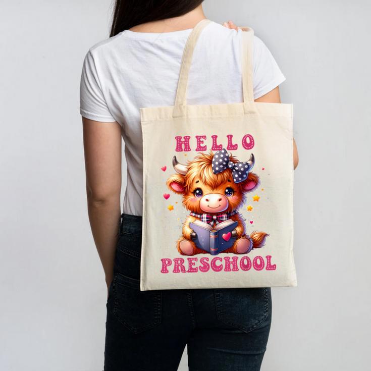 Hello Preschool Cute Highland Cow Lover Back To School Canvas Tote Bag