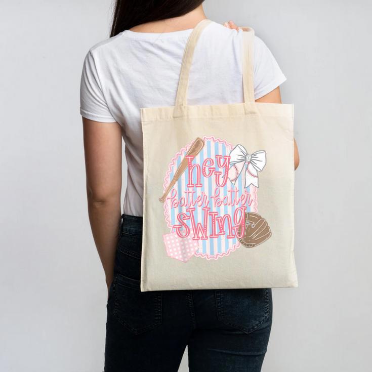 Hey Batter Batter Swing Baseball Game Day Coquette Bow Girly Canvas Tote Bag