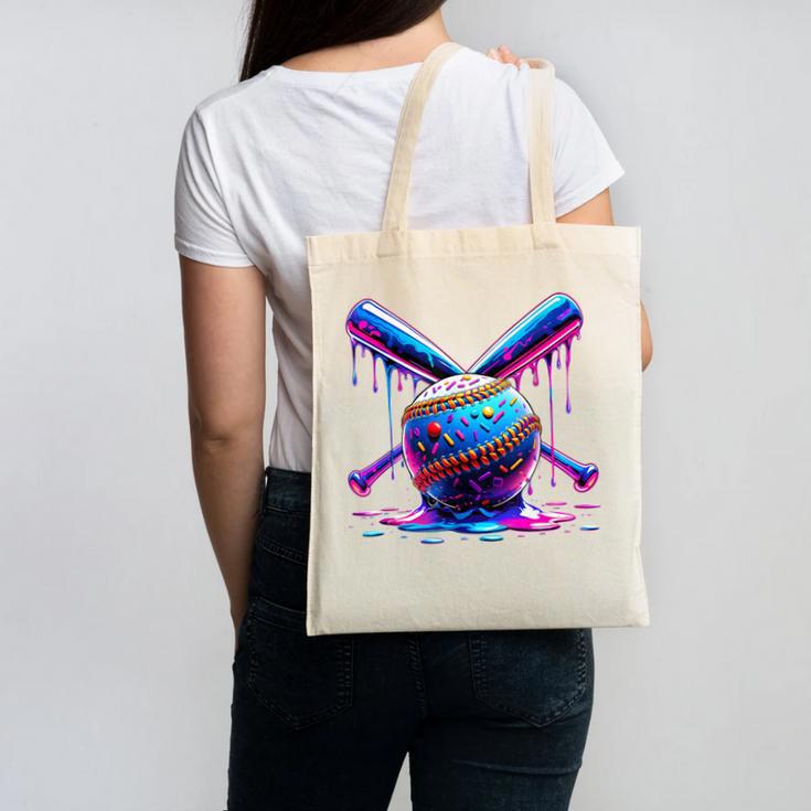 Neon Dripping Baseball And Bats Colorful Sports Art Canvas Tote Bag