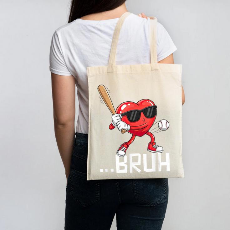 Valentines Bruh Red Heart Playing Baseball Men Boys Kids Canvas Tote Bag