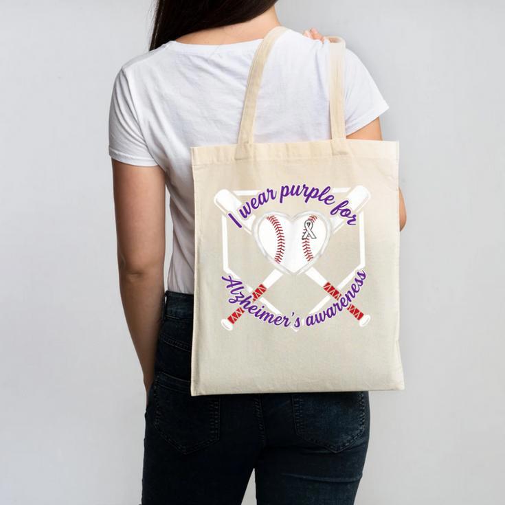 I Wear Purple For Alzheimers Awareness Baseball Heart Ribbon Canvas Tote Bag