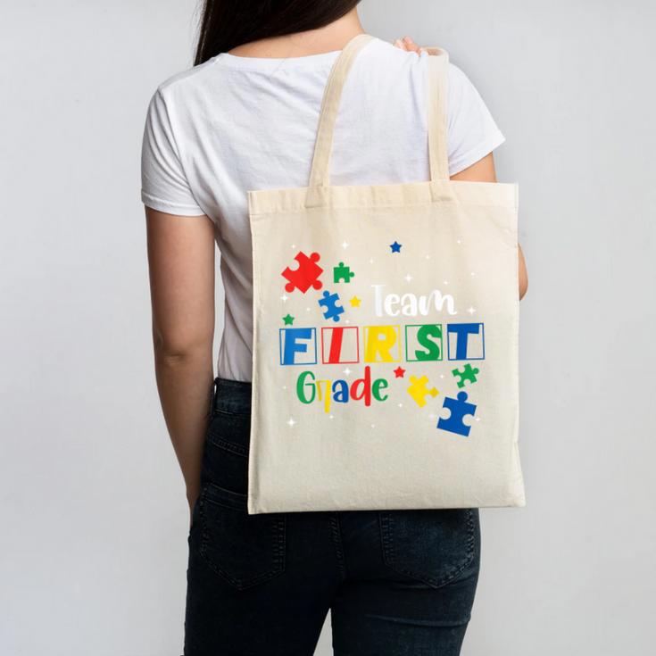 Back To School Autism Puzzle Pieces Autistic First Grade ASD Canvas Tote Bag Back To School Autism Puzzle Pieces Autistic First Grade ASD Canvas Tote Bag