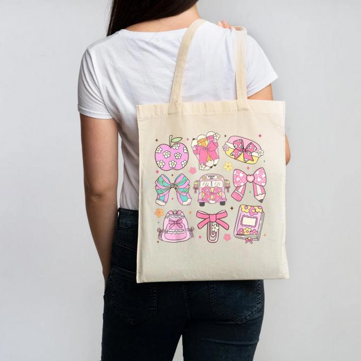 Back To School Coquette Bow Pencil School Students Girls Canvas Tote Bag