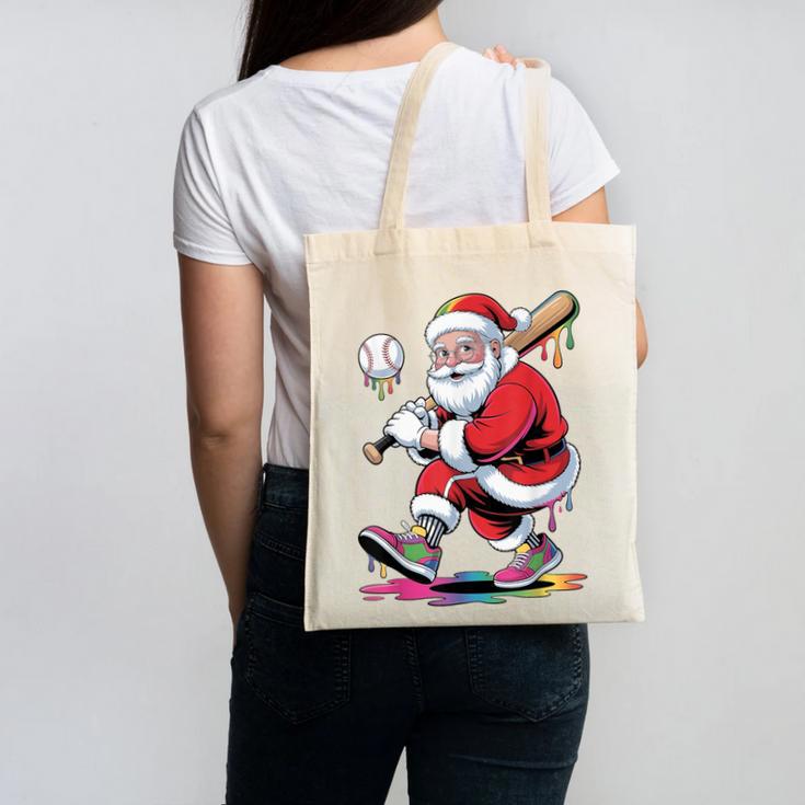 Baseball Christmas Santa Claus Batter Baseball Drip Canvas Tote Bag