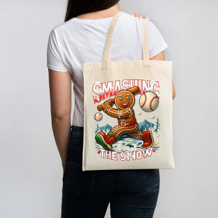 Baseball Player Christmas Gingerbread Smashing Through Snow Canvas Tote Bag