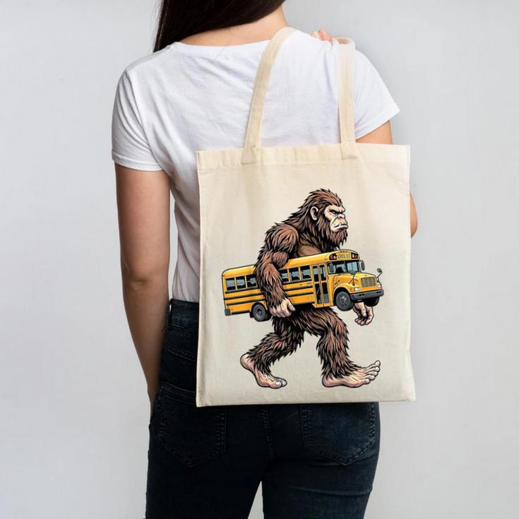 Bigfoot Carrying School Bus Sasquatch Back To School Canvas Tote Bag