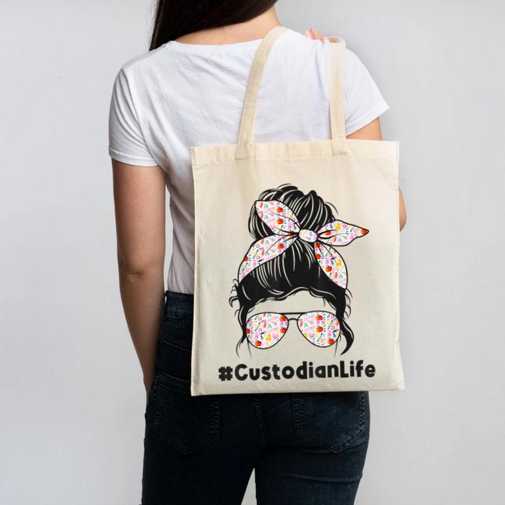 Custodian Life Messy Bun Hair Glasses Leopard Back To School Canvas Tote Bag